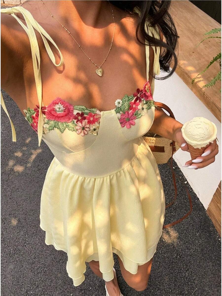 SHEIN SunnyBelle Women's Spring/Summer French Elegant Yellow Floral Embroidery Design Slip Dress,Vacation Outfit - Yellow - View 1
