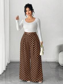 Elenzga Pantalones de pierna ancha de unicolor beige talla grande, estilo elegante, de moda para ir al trabajo y la oficina - Marrón - Ver 3