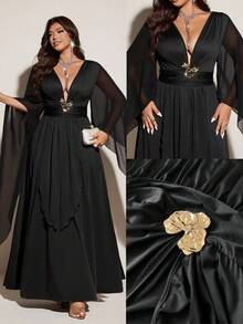 Viva Relle Sexy & Elegant Solid Color Deep V-Neck Waist Cinched Long Dress - Black - View 1