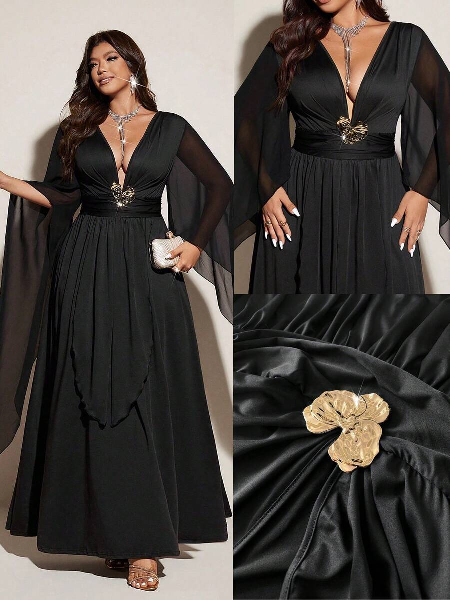 Viva Relle Sexy & Elegant Solid Color Deep V-Neck Waist Cinched Long Dress - Black - View 1