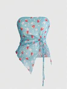 ROMWE Kawaii Plus Size Women Strawberry Print Side Slit Hem Bandeau Top - Blue - View 6