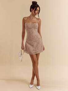 SHEIN BAE Đầm mini dáng chữ A màu trơn ôm sát, hở lưng, buộc dây, chất liệu vải dệt họa tiết, dành cho nữ, thích hợp cho mùa xuân/hè. - Màu Khaki - Xem 2