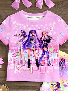 SHEIN 卡通女孩，多巴胺彩色渐变，K-Pop 超级巨星，休闲时尚，少女休闲卡通图案圆领短袖上衣和喇叭裤两件套，适合夏季穿着 - 彩色 - 查看 4