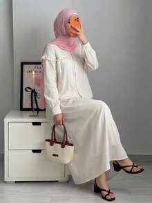 Solavon 女士荷叶边纽扣衬衫和迷你裙两件套 - 杏色 - 查看 1