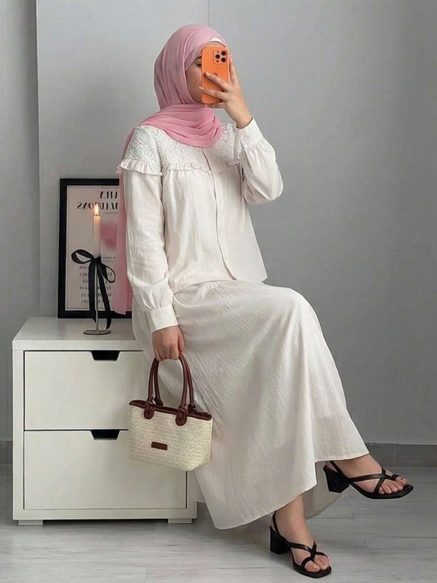 Solavon 女士荷叶边纽扣衬衫和迷你裙两件套 - 杏色 - 查看 1