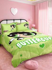 THE POWERPUFF GIRLS X SHEIN 三件套绿色卡通印花被套，柔软磨砂面料，果绿色被套，心形、星星、卡通人物图案，多种尺寸可选，适用于单人床、双人床、特大号床和加大号床。 - 果綠 - 查看 2