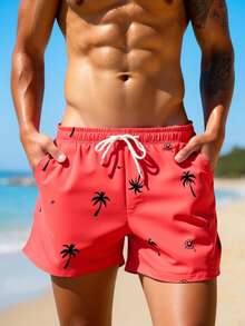 Manfinity KASUA Men's Palm Tree Print Drawstring Waist Pocket Beach Shorts - Red - View 7