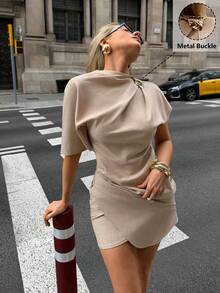 Siren Gaze Women's Khaki Draped Mini Dress,Metal Buckle Asymmetrical Wrap Bodycon Summer Dress,Elegant Office Casual Brunch Wear Chic Luxury Outfit - Apricot - View 4