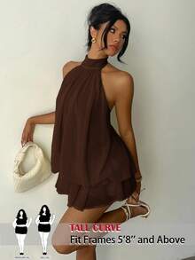 SHEIN Tall CURVE Plus Size Women Elegant Solid Color Halter Tie Dress - Coffee Brown - View 1