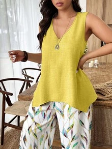 Weeklong Plus Size Women 2-Piece Set: Textured V-Neck Asymmetric Hem Tank Top And Botanical Print Cropped Pants - Multicolor - View 5