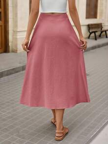Brillora Rok Midi Kasual Wanita Warna Polos Kancing Tunggal untuk Liburan - Redwood - View 2