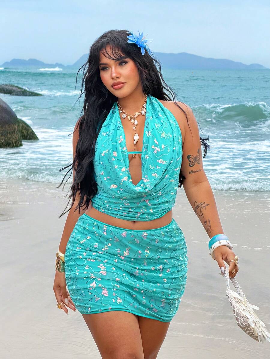 Rustia 女士露背亮片吊带背心，适合海滩度假，蓝色，飘逸面料设计，夏季海滩 - 藍色 - 查看 1