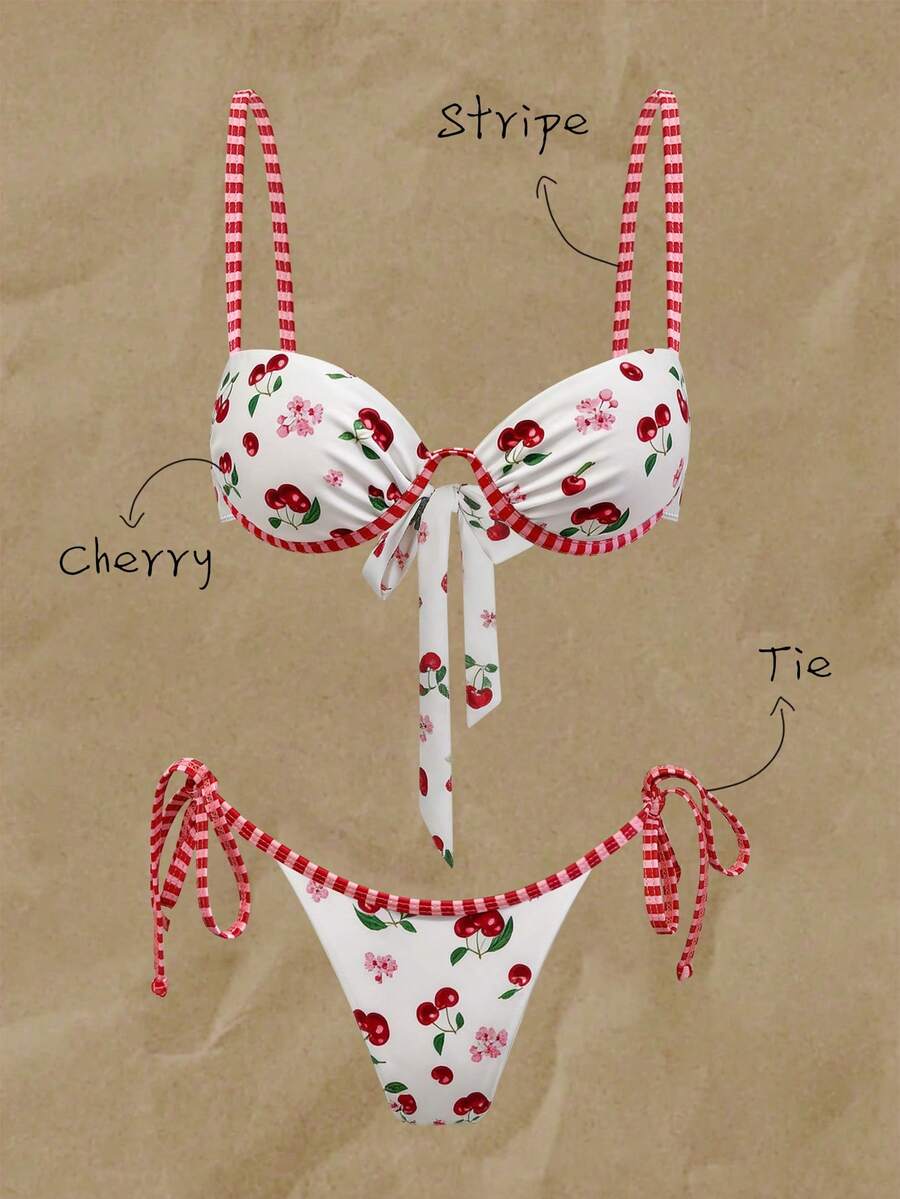 Elavelle Women's Random Print Spaghetti Strap Underwire Bikini Set, Spring/Summer - Multicolor - View 1