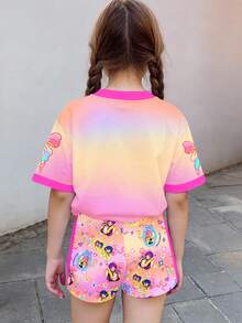 Back To School Tween Girl Casual Butterfly Decor Gradient Color Short Sleeve T-Shirt And Shorts 2-Piece Set, Suitable For Summer, Leisure Campus Sports Style, Outdoor Picnic, Outing, Street Photography, Home, School - Multicolor - View 2