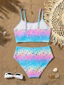 SHEIN Conjunto de bikini para niñas preadolescentes, separados de tela de punto lindos, traje de baño elegante y casual adecuado para nadar, vacaciones de verano, playa, piscina, fiesta de vacaciones - Multicolor - Ver 2