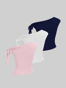 Sweetra Conjunto Confortável de 3 Peças para Mulheres com Camiseta de Ombro Oblíquo - Multicolorido - Visão 2