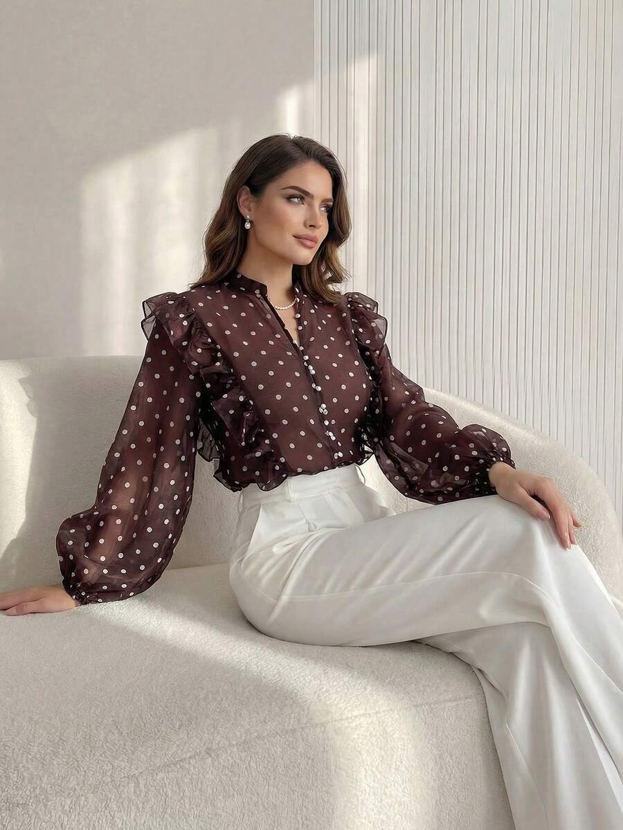 Modelyn 女士优雅浪漫复古波点多层荷叶边领宽松衬衫 - 棕色 - 查看 1