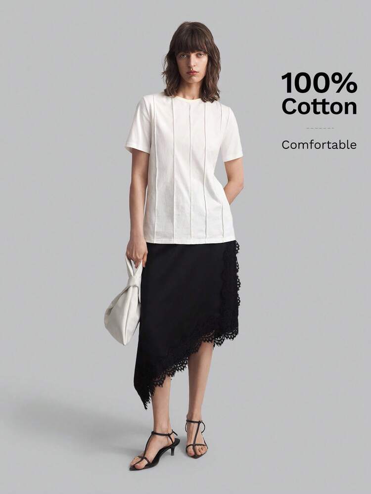 2026 Spring/Summer Women's Plain White/Ivory Round Neck Toothpick Striped Design Short Sleeve Casual T-Shirt, Suitable For Saint John's Day Beach, Holiday, Country Style Music Festival Outfits, Relaxed Fit, Knit Fabric, Elegant Minimalist, Office Wear, Versatile For Leisure, Urban Commute