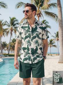 Naviga Onda Men's Botanical Print Short Sleeve Shirt And Solid Color Shorts Set - Green - View 2
