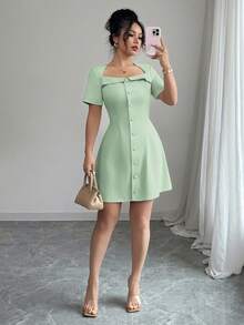 Elenzga Women's Elegant Trapezoid Collar Ruffle Buttoned Waist A-Line Short Sleeve Mini Dress, Suitable For Work Tea Party, Spring/Summer Light Green - Mint Green - View 7