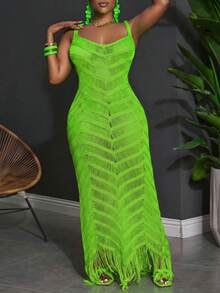 Slaydiva Plus Size Summer Sleeveless Hollow Out Sheer Dress - Green - View 6