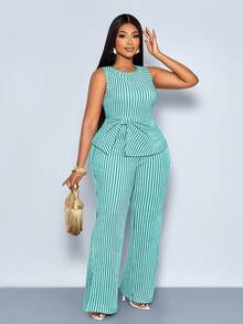 SOLERSUN Plus Size Women's Light Green Summer Elegant Formal 2 Piece Pants Set,Sleeveless Cinched Top,Striped Wide Leg Pants,Fashion Casual Vacation Clothes - Mint Green - View 5
