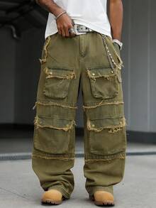PAVTROS Men's Solid Color Frayed Edge Slant Pocket Loose Fit Casual Wide Leg Jeans - Multicolor - View 3
