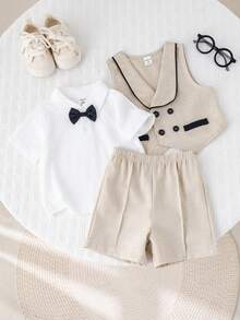 SHEIN 男宝宝夏季休闲派对绅士套装三件套：杏色背心、白色衬衫、休闲短裤 - 彩色 - 查看 8