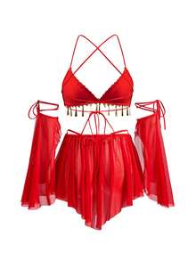 Fantasy Costume 万圣节红色网纱金色亮片肚皮舞服装5件套[上衣+丁字裤+裙子+2个袖套] - 紅色 - 查看 5