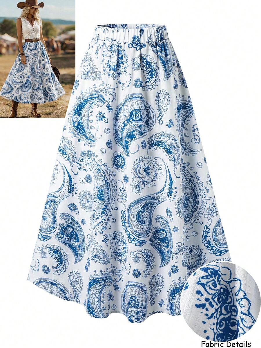 Qadelle Chân váy chữ A in họa tiết dành cho nữ, thanh lịch, thích hợp cho kỳ nghỉ, mặc hàng ngày và đi làm. - Xanh và trắng - Xem 1