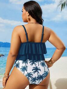 Swim Lushoire Bộ đồ bơi tankini cỡ lớn, màu trơn, dây mảnh, in hình cây dừa. - Màu xanh ngọc - Xem 2