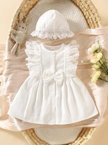 SHEIN Newborn Baby Girl White Summer Cute Elegant Baptism Dress Sleeveless Lace Ruffle Hem Princess Gown With Matching Hat 1st Birthday Party Outfits - White - View 2