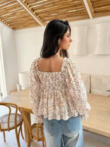 2026 Nuevo Camisa de manga larga con estampado de plantas y nudo delantero para vacaciones de mujer - Amarillo - Ver 7