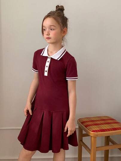 Dazy Kids 少女夏季休闲条纹拼接褶裥下摆短袖连衣裙