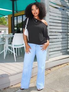 Steph T 休闲美式街头风斜肩宽松T恤，纯黑色 - 黑色 - 查看 5