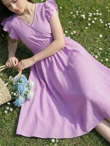 ChillGRL Teen Girl Purple Casual Vacation Beach Round Neck Cap Sleeve Textured A-Line Waist Dress, Spring/Summer - Purple - View 3