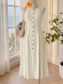 SHEIN EZwear Plus Size Casual Elegant Cottage Core French Holiday Black Stripe Cardigan Sundress For Women, Summer, Classique, Tea Party Vacation, Wedding Guest - Khaki - View 6