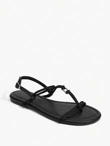 Grefit Women's Black Flat Sandals With Braided Straps - Black - View 3