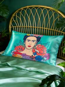 Frida Kahlo X SHEIN Green Satin Pillowcase Set, A Set Of 2, Comfortable And Soft, Pattern Printing, Multi-Size Can Be Selected, Suitable For Various Pillows, Machine Washable - Dark Green - View 2