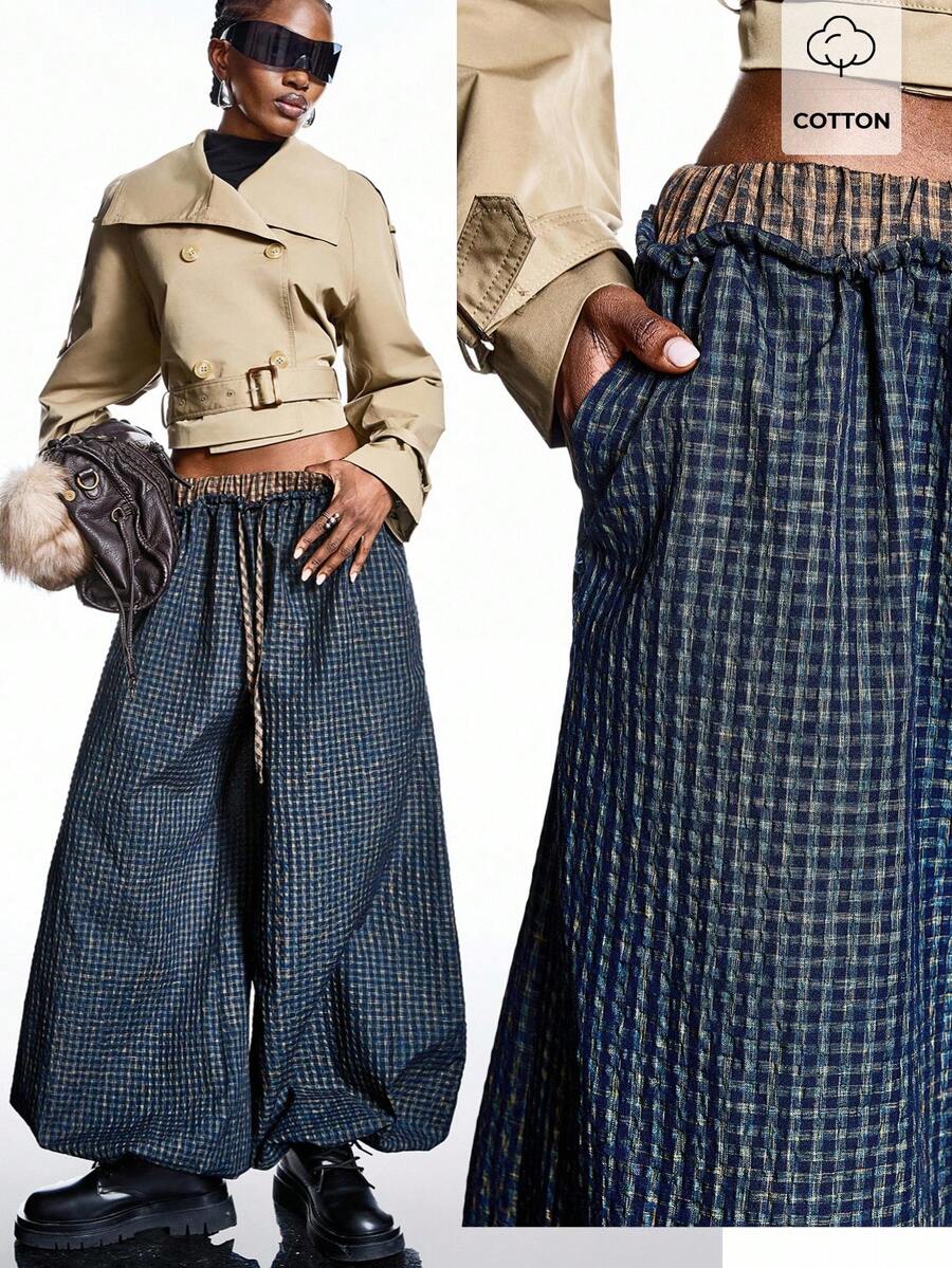 LYSMO 2026 New Arrive Minimalism Spring/Summer  Women's Drawstring Waist Pocket Plaid Wide Leg Loose Casual Pants - Multicolor - View 1