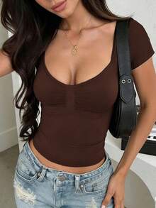 INAWLY Solva Women's Solid Color Sexy Ruched Fitted Short Sleeve T-Shirt, Versatile For Summer - Coffee Brown - View 2