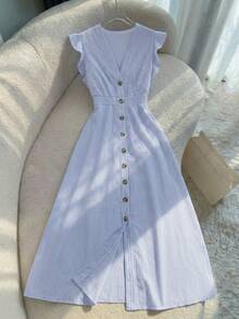 GlowEve Đầm nữ kẻ sọc cổ chữ V cài một hàng khuy tay ngắn kiểu dáng thường ngày - Màu xanh lam - Xem 5