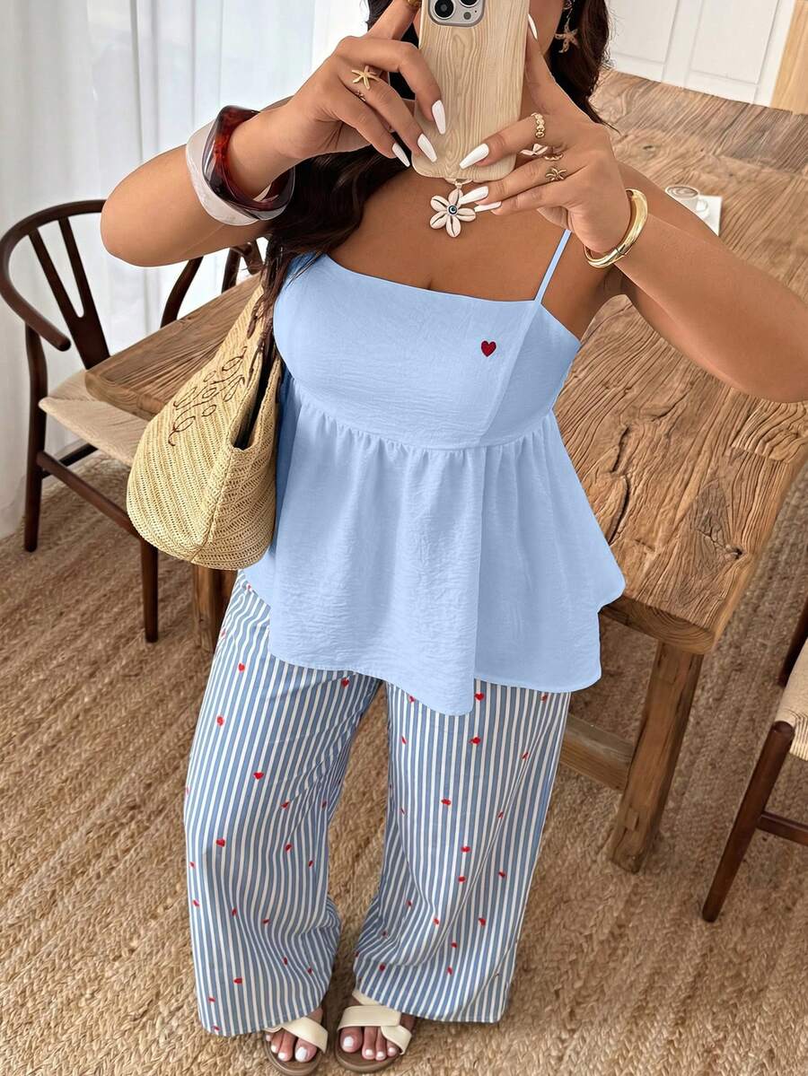 Weeklong Plus Size Women's Casual Camisole & Shorts Set With Ruffle Hem, Heart Embroidery And Striped Print, Suitable For Spring/Summer - Multicolor - View 1