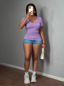 Slaydiva 2025新款基础款露背背心，大码女款，深V领罗纹针织无袖白色T恤 - 淡紫色 - 查看 3