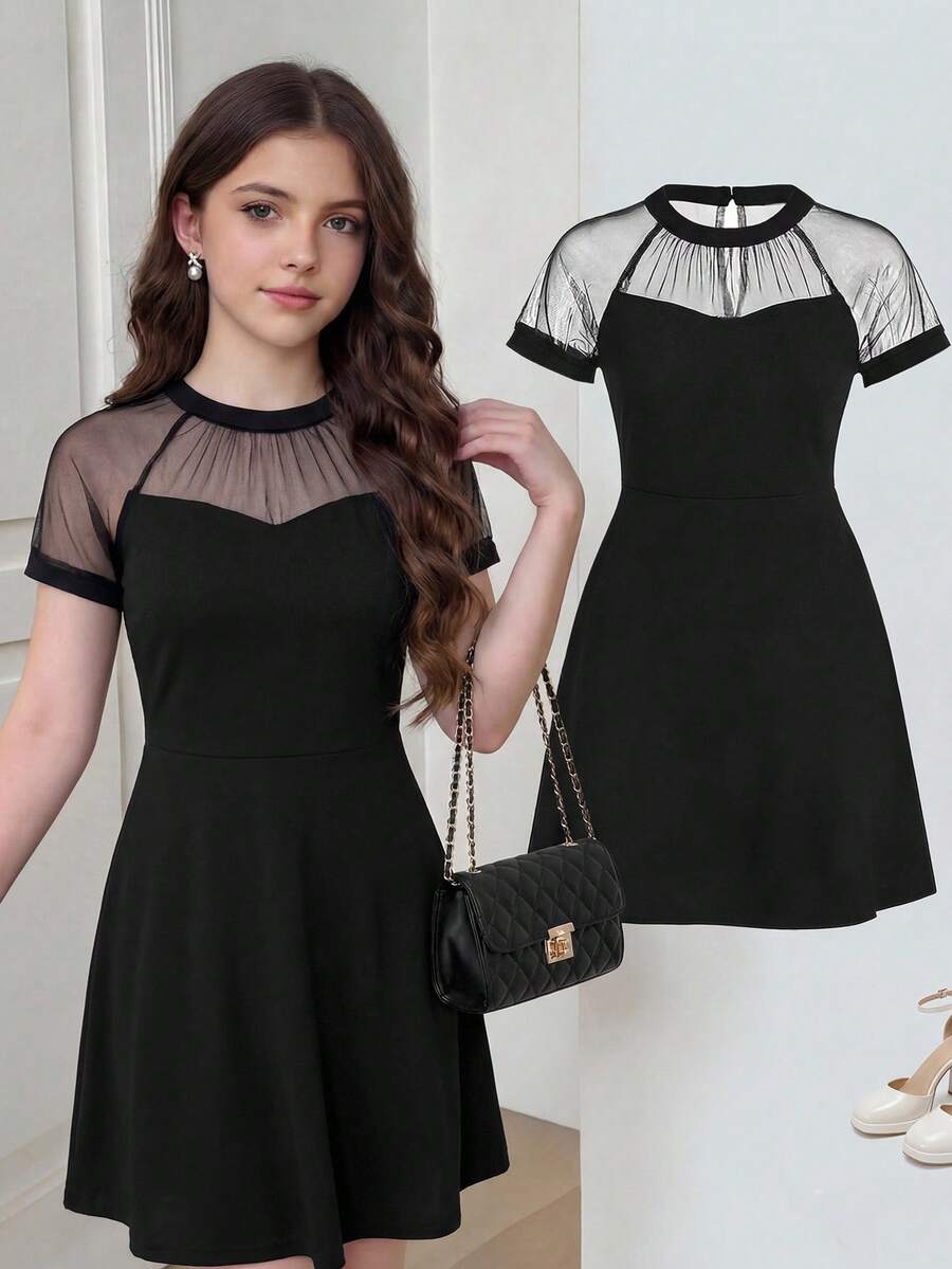 Girlism Vestido casual de unicolor para adolescentes, de punto combinado con malla transparente - Negro - Ver 1