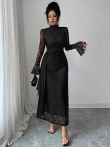 SHEIN Elenzya Đầm nữ màu cà phê mới, chất liệu dệt kim, cổ ren, tay dài, dáng xòe, eo cao, ôm sát, vạt đuôi cá bất đối xứng, kiểu dáng thanh lịch, sang trọng, phù hợp cho tiệc tối hoặc mặc hàng ngày vào mùa thu/đông. - màu đen - Xem 1