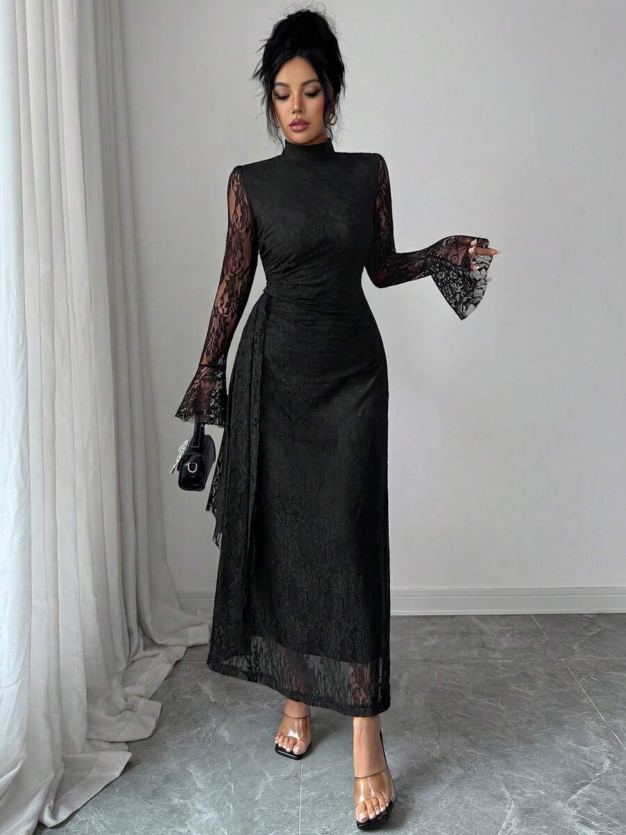 SHEIN Elenzya Đầm nữ màu cà phê mới, chất liệu dệt kim, cổ ren, tay dài, dáng xòe, eo cao, ôm sát, vạt đuôi cá bất đối xứng, kiểu dáng thanh lịch, sang trọng, phù hợp cho tiệc tối hoặc mặc hàng ngày vào mùa thu/đông. - màu đen - Xem 1