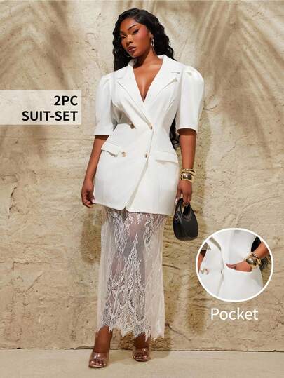 Radiana Plus Size Women's Spring/Summer Fashion Casual Elegant Sexy Puff Sleeve Short Sleeve Waist Cinched Lapel Collar Blazer (With Pockets) And Matching Sheer Lace Skirt Suit Set, Suitable For Urban, Sexy Office Siren Coquettish, Cruise Attire, Commuting, Business, Retro, Vintage, Party, Resort, Outing, Old Money, Richly Layered, Date Night, Gathering, Minimalism, Birthday, Formal Event, Gyaru, Ibiza, Nashville, Break, Modest, Chic, Casual, Shopping, Streetwear, Going Out, Accent Your Body, White Two