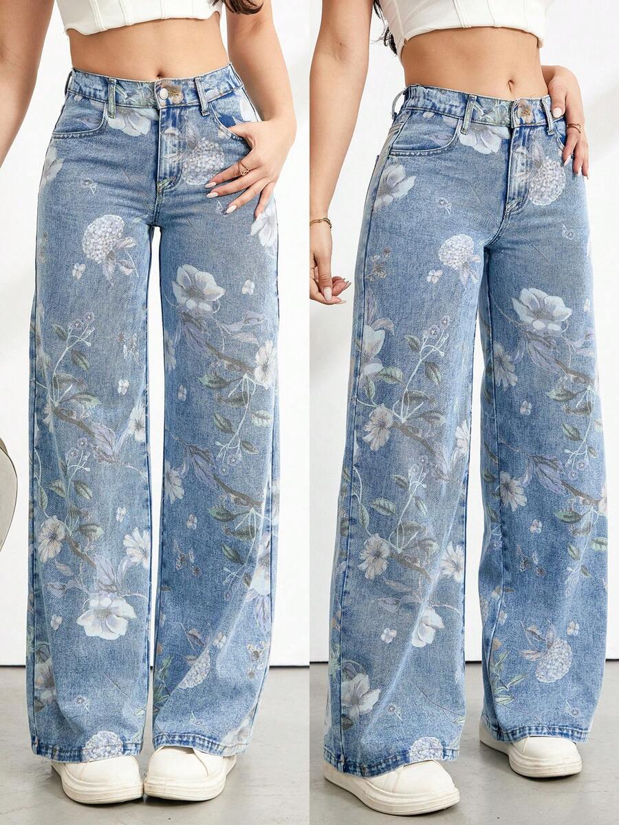 SHEIN Tall 女士带口袋纽扣花卉图案休闲百搭日常穿着阔腿牛仔裤 - 藍色 - 查看 1