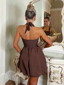 Glamine Charm 棕色露肩无袖泡泡袖迷你连衣裙，春季服装，节日派对嘉年华礼服，街头服饰，女士夜店礼服，约会之夜礼服，女士生日礼服，尽显优雅气质，派对必备，音乐节礼服 - 棕色 - 查看 2